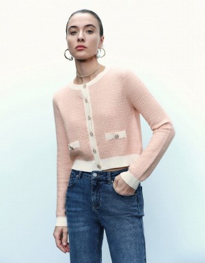 Women's Urban Revivo Knitted With Faux Pearl Buttons Cardigan Pink | KON7723HP