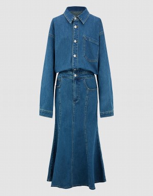 Women's Urban Revivo Lapel Denim Dress Blue | MNU1668WK