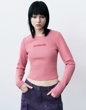 Women's Urban Revivo Letter Embossed Crew Neck Knitted T Shirts Pink | OSC7855HD