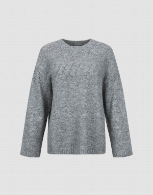 Women's Urban Revivo Letter Embossed Crew Neck Sweaters Grey | PDI8942LK