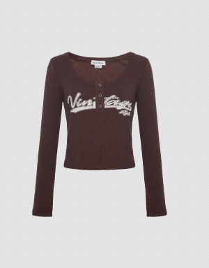 Women's Urban Revivo Letter Print With Press Buttons T Shirts Brown | OSQ1071IZ