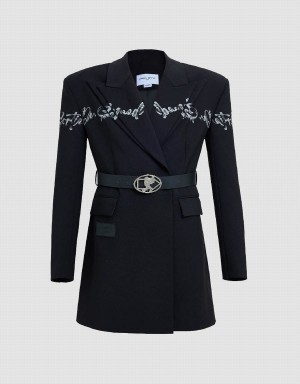 Women's Urban Revivo Letter Printed Tailored With Belt Blazers Black | MLR7632SR