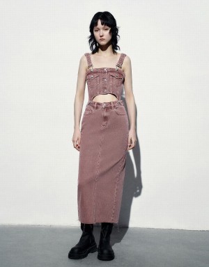 Women's Urban Revivo Long Denim Pinafore Dress Pink | FBP3460KO