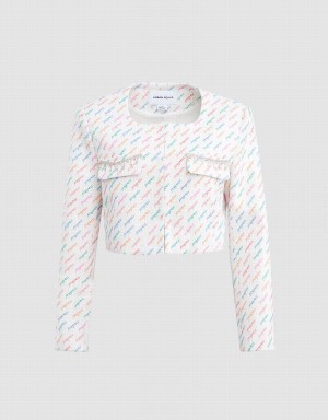 Women's Urban Revivo Multicolor Letter Print Rhinestone Detail Jackets White | KST6088TK