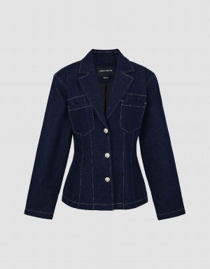 Women's Urban Revivo Notch Lapel Denim Shirts Blue | EHR6862CD