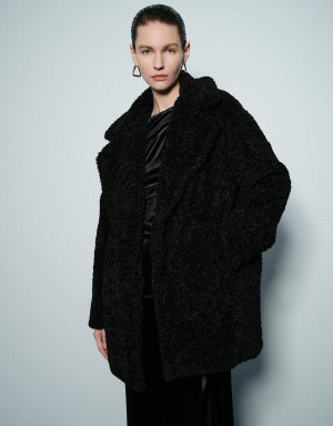 Women's Urban Revivo Notch Lapel Longline Furry Coats Black | IWQ9661OY