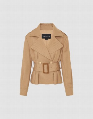 Women's Urban Revivo Notch Lapel Skater With Belt Jackets Light Khaki | NGZ7784OP