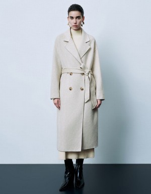 Women's Urban Revivo Notch Lapel Straight Longline Coats Khaki | VRA7285DN