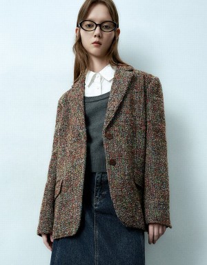 Women's Urban Revivo Notch Lapel Tweed Blazers Brown Multicolor | HAR6794IM