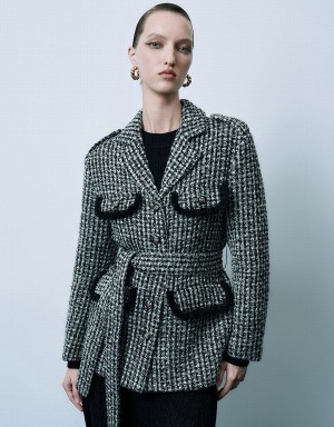 Women's Urban Revivo Notch Lapel Tweed With Belt Jackets Black | FNY1338GS