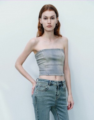 Women's Urban Revivo Off-Shoulder Denim Tube Top Shirts Blue | UYK1718XO