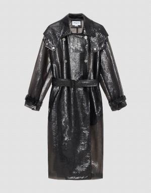 Women's Urban Revivo PVC Belted Trench Trench Coat Black | FNZ5648NI