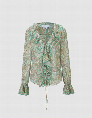 Women's Urban Revivo Paisley Print Ruffled Shirts Green | NTR6151XS