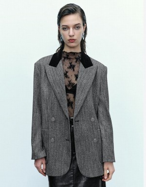 Women's Urban Revivo Peak Lapel Double Breasted Blazers Grey | GZF6042XZ