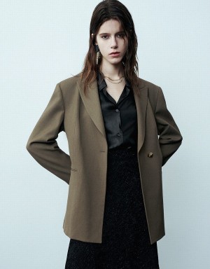 Women's Urban Revivo Peak Lapel Tailored Skater Blazers Green | SNU8697MQ