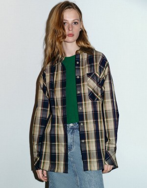 Women's Urban Revivo Plaid A-Line Shirts Brown | ZQG1756MW