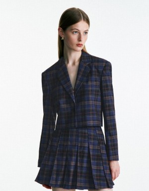 Women's Urban Revivo Plaid Cropped Checkered Blazers Blue | OOE19NT