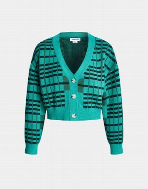 Women's Urban Revivo Plaid Pattern Drop Shoulder Crop Knit Cardigan Light Green | VGB1472KV