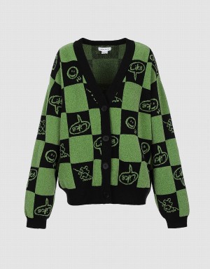 Women's Urban Revivo Plaid Smile Face Button Up Cardigan Green | ROU5469WI