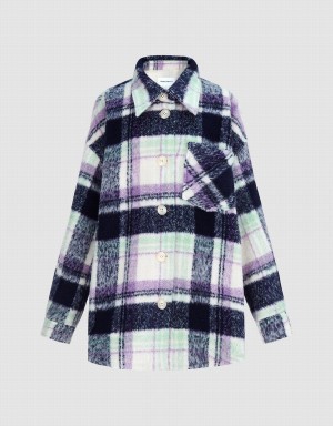 Women's Urban Revivo Plaid Straight Checkered Jackets Blue | IIP7435BH