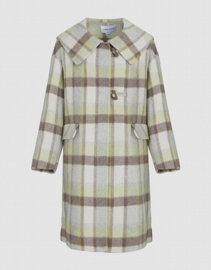 Women's Urban Revivo Plaid Straight Furry Coats White Green | QAS3636FV