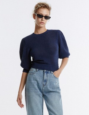 Women's Urban Revivo Plain Cropped Sweaters Blue | BBA6316OS