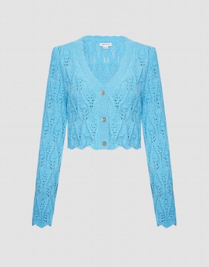 Women's Urban Revivo Pointelle Button Up Cardigan Blue | BOA6290SQ