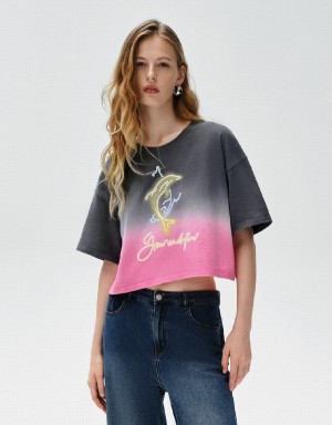 Women's Urban Revivo Printed Crew Neck Loose T Shirts Grey Pink | BWS9434KV