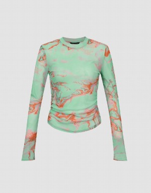 Women's Urban Revivo Printed Crew Neck Skinny T Shirts Green | VTX9348GN