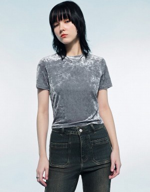 Women's Urban Revivo Printed Crew Neck Skinny T Shirts Light Grey | SPK4084XU