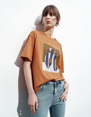 Women's Urban Revivo Printed Loose T Shirts Orange | PSB2723MM