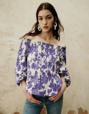 Women's Urban Revivo Printed Off-Shoulder Overhead Blouse Purple | PWA4111LA