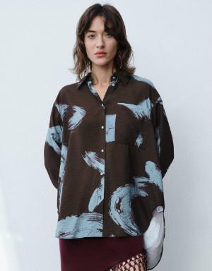 Women's Urban Revivo Printed Straight Shirts Brown | EGL1963HT