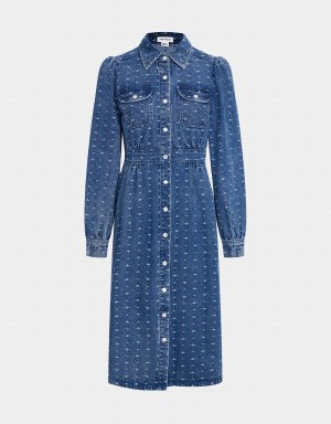 Women's Urban Revivo Puff Sleeve Button Up Denim Dress Blue | KVU2269AS