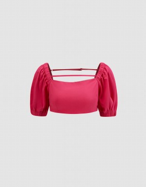 Women's Urban Revivo Puff Sleeve Crop Top T Shirts Red | RCI573NE