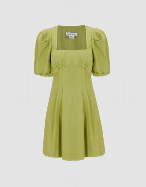 Women's Urban Revivo Puff Sleeve Square Neck Denim Dress Green | HFH9380TB