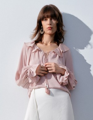 Women's Urban Revivo Raglan Sleeve Ruffle Overhead Blouse Pink | RBI533RY