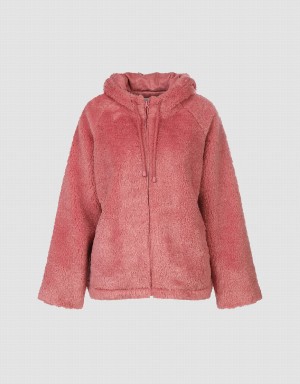 Women's Urban Revivo Raglan Sleeve Zipper Front Furry Jackets Pink | UQW265FD