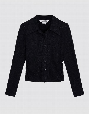 Women's Urban Revivo Ruched Button Up Fitted Shirts Black | QVJ3648VB