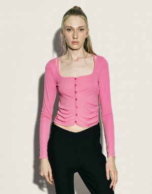 Women's Urban Revivo Ruched Crew Neck Knitted Top Shirts Pink | EVD7981VU