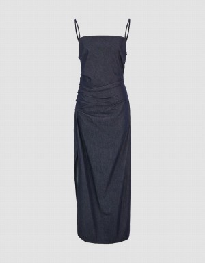 Women's Urban Revivo Ruched Midi Denim Dress Blue | UWF7571SQ