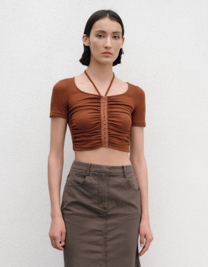 Women's Urban Revivo Ruched U Neck Skinny T Shirts Brown | JDZ1438FI