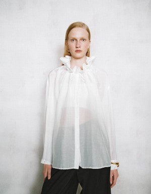 Women's Urban Revivo Ruffle Lapel Shirts White | FRK8181KH