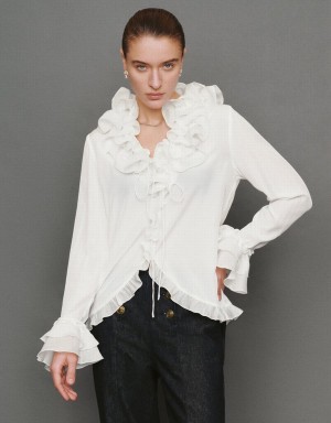 Women's Urban Revivo Ruffle V-Neck Tie Front Blouse White | CCJ8260UP