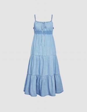 Women's Urban Revivo Shirred Waist Tiered Cami Denim Dress Blue | MXE1378IZ