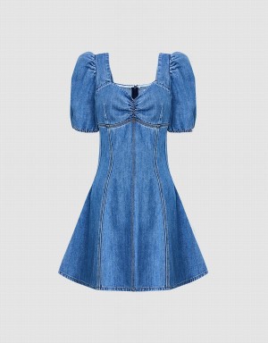 Women's Urban Revivo Skater Denim Dress Blue | SGC7496TY