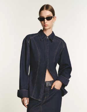 Women's Urban Revivo Skater Denim Shirts Blue | UBF7239XI