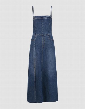 Women's Urban Revivo Skinny Off-Shoulder Denim Cami Dress Blue | YJK6921BI