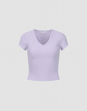 Women's Urban Revivo Skinny V-Neck Knitted T Shirts Purple | ILX10094WM