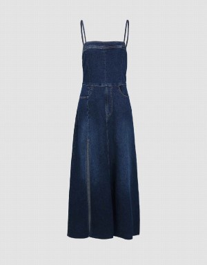 Women's Urban Revivo Split Hem Off-Shoulder Denim Cami Dress Blue | NAP5234OJ